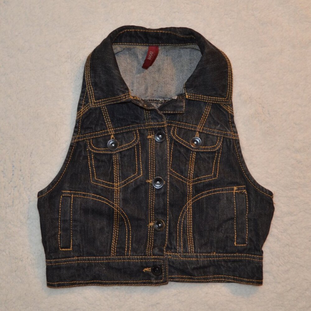 Max Rave dark denim crop vest with 4 pockets, shirt collar and racerback size S